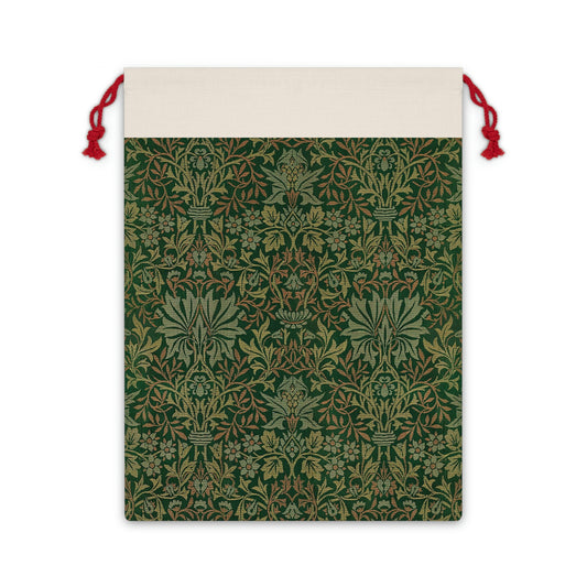 A rectangular Christmas gift bag with a floral pattern inspired by William Morris, in a green and white colour scheme, featuring a drawstring closure at the top.