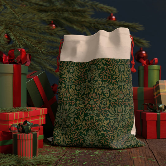 A rectangular Christmas gift bag with a floral pattern inspired by William Morris, in a green and white colour scheme, featuring a drawstring closure at the top.