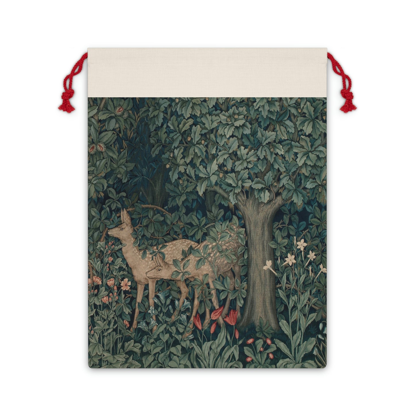 A Christmas-themed gift bag with a design inspired by the art of William Morris, featuring a vintage forest green and white colour scheme and a red drawstring.
