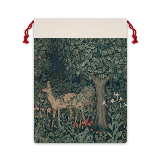 A Christmas-themed gift bag with a design inspired by the art of William Morris, featuring a vintage forest green and white colour scheme and a red drawstring.