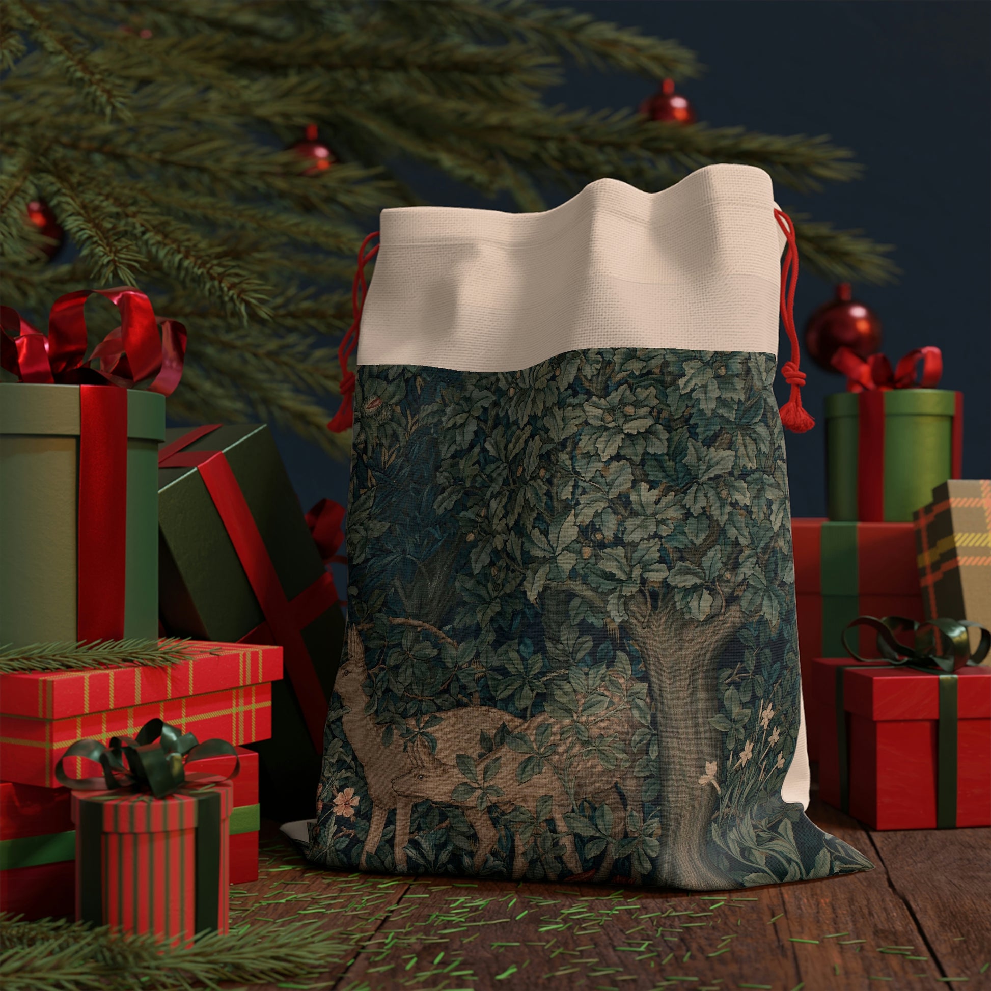 A Christmas-themed gift bag with a design inspired by the art of William Morris, featuring a vintage forest green and white color scheme and a red drawstring.