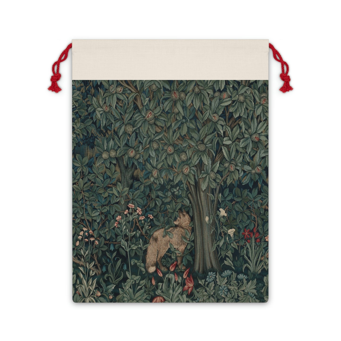 A Christmas-themed linen gift bag with a design inspired by the art of William Morris, featuring a green tree with leaves and red berries, and an embroidered 'Merry Christmas' greeting.