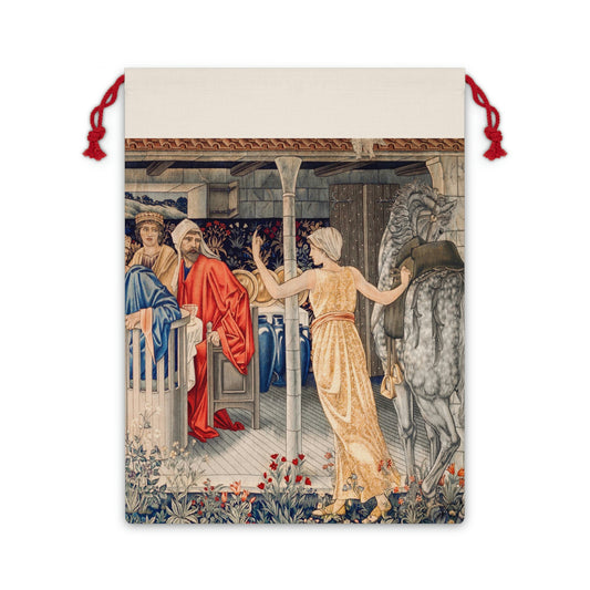 A linen drawstring bag with a vintage Christmas design, featuring an intricate illustration of a festive scene with figures in vintage clothing.