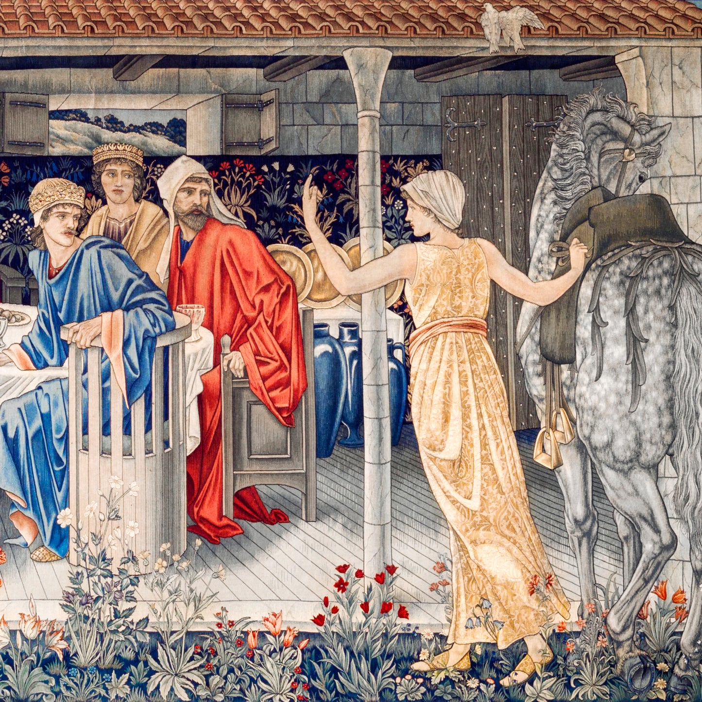 A linen drawstring bag with a vintage Christmas design, featuring an intricate illustration of a festive scene with figures in vintage clothing.