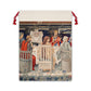 A linen drawstring bag with a vintage Christmas design, featuring an intricate illustration of a festive scene with figures in vintage clothing.