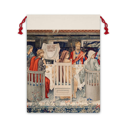 A linen drawstring bag with a vintage Christmas design, featuring an intricate illustration of a festive scene with figures in vintage clothing.