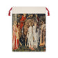A linen drawstring bag with a Christmas design featuring horses and a group of people, inspired by the artwork of William Morris.
