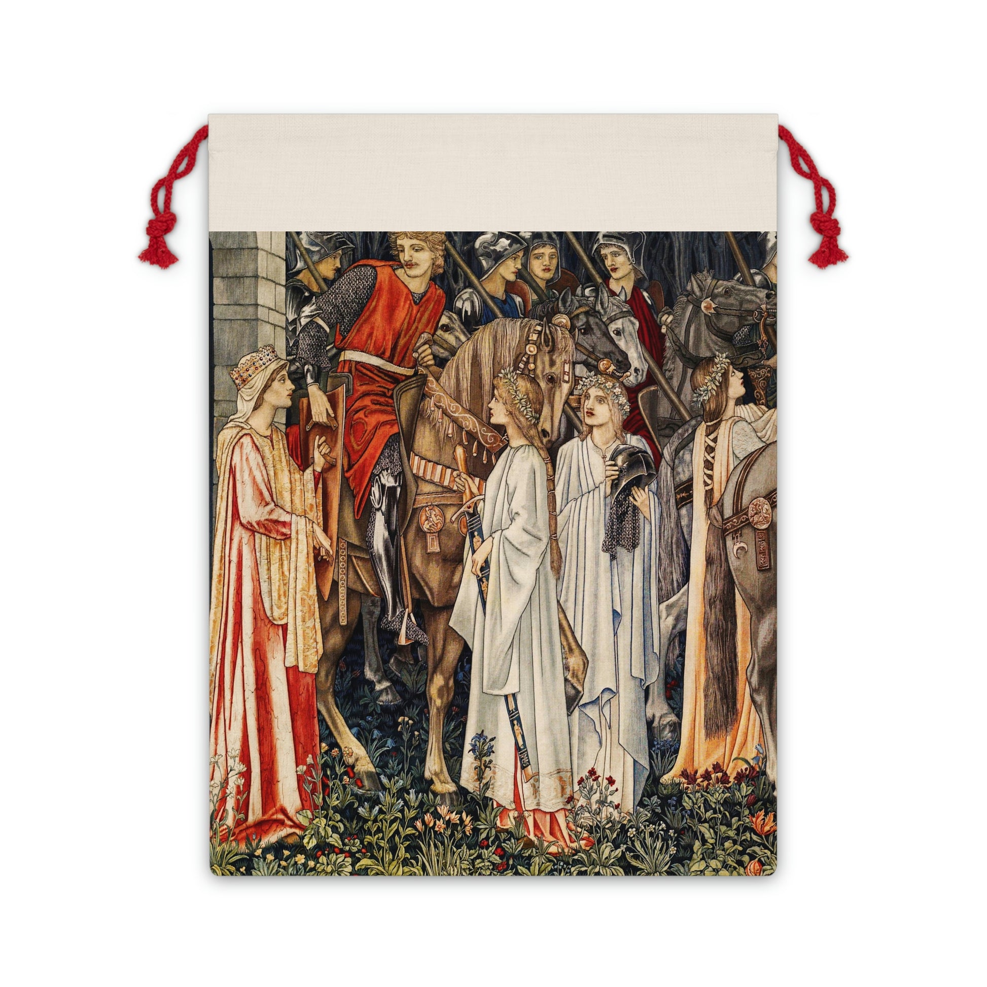 A linen drawstring bag with a Christmas design featuring horses and a group of people, inspired by the artwork of William Morris.