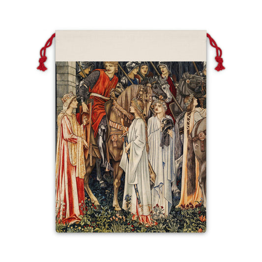 A linen drawstring bag with a Christmas design featuring horses and a group of people, inspired by the artwork of William Morris.