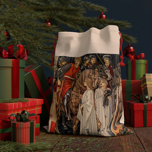 A linen drawstring bag with a Christmas design featuring horses and a group of people, inspired by the artwork of William Morris.