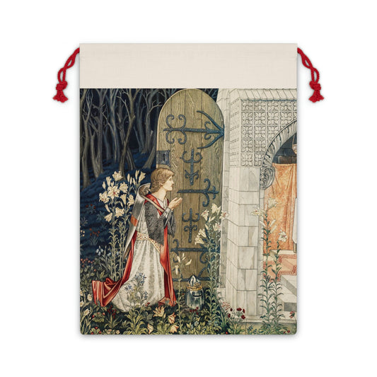 A Christmas-themed linen drawstring bag with a design inspired by the legendary artist, William Morris. The bag features intricate vintage-looking floral and architectural patterns.