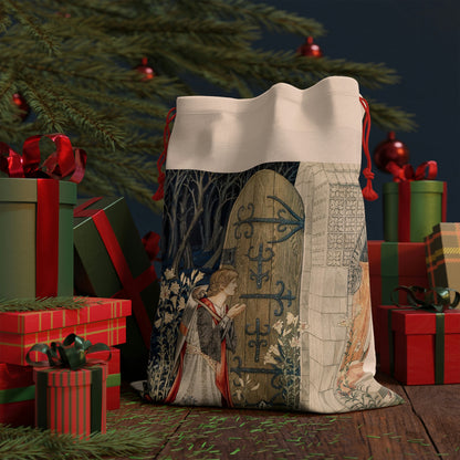 A Christmas-themed linen drawstring bag with a design inspired by the legendary artist, William Morris. The bag features intricate vintage-looking floral and architectural patterns.