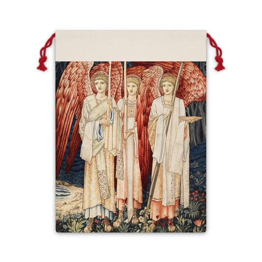 A linen drawstring gift bag with a Christmas design featuring angels and holiday motifs.
