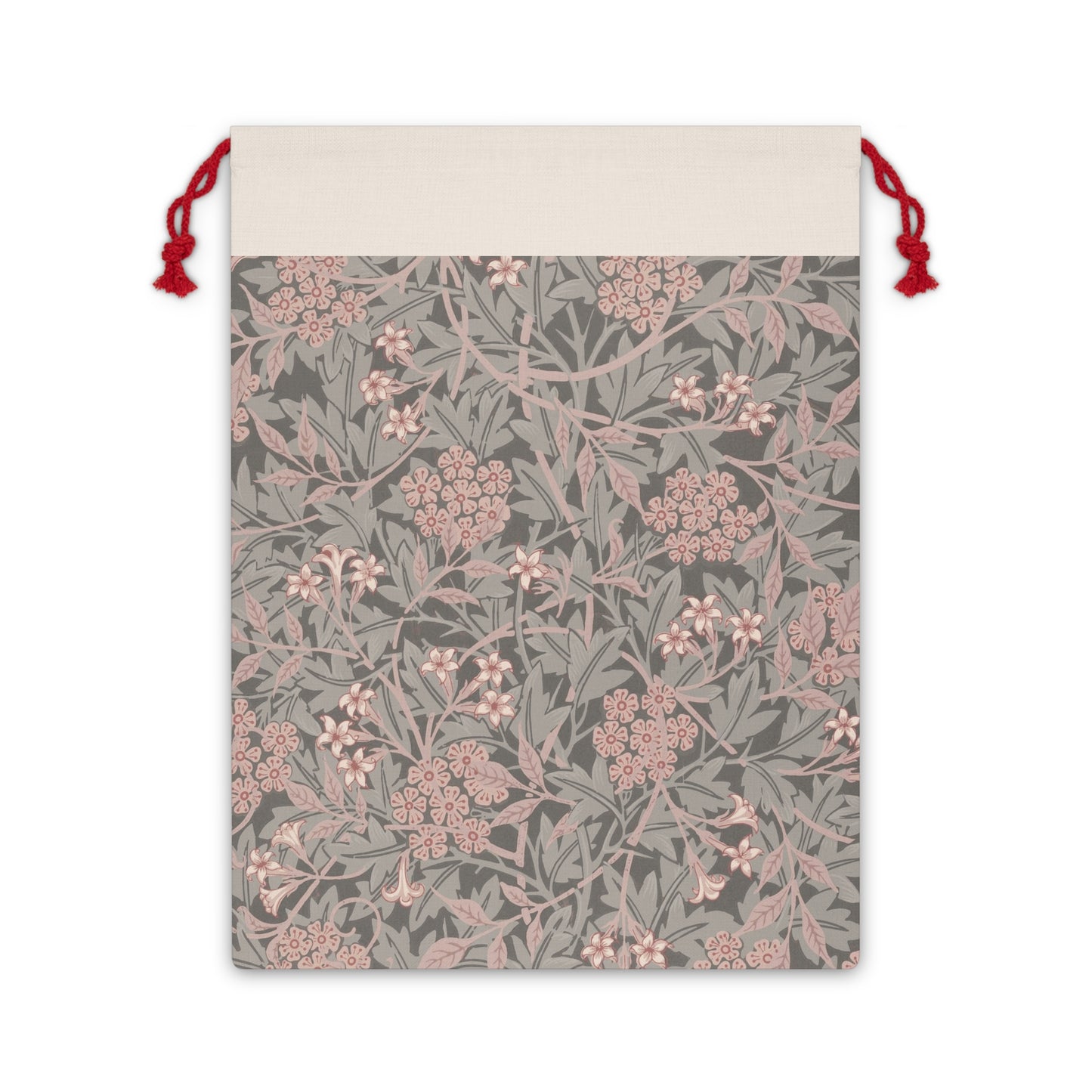 A rectangular Christmas Santa sack with a floral William Morris & Co pattern in mauve, beige, and gray colours, featuring a drawstring at the top.