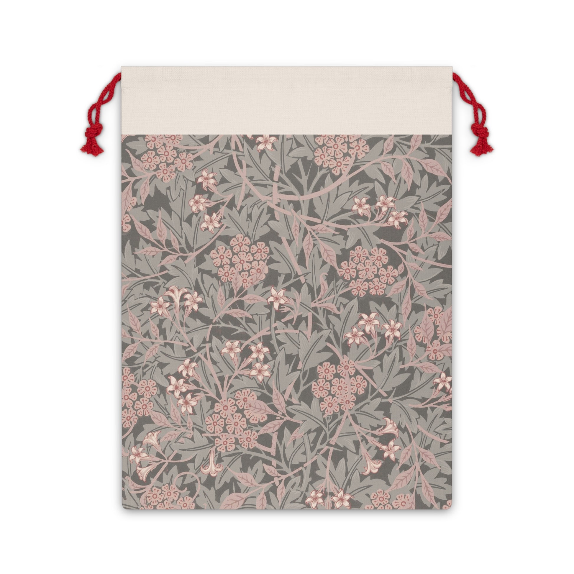 A rectangular Christmas Santa sack with a floral William Morris & Co pattern in mauve, beige, and gray colours, featuring a drawstring at the top.