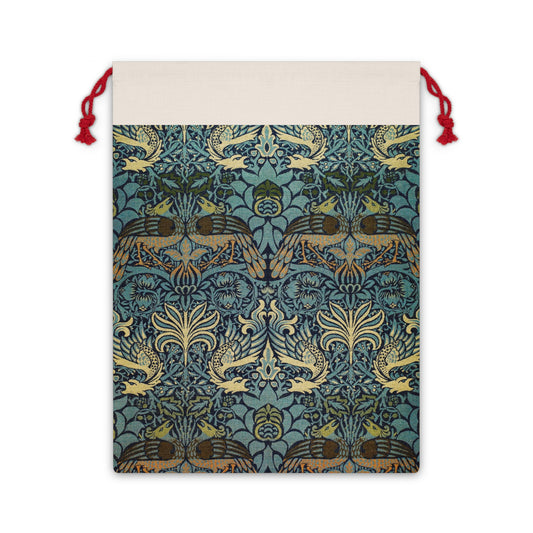 Linen Christmas Santa Sack inspired by William Morris & Co in a pattern called Peacock and Dragon Collection