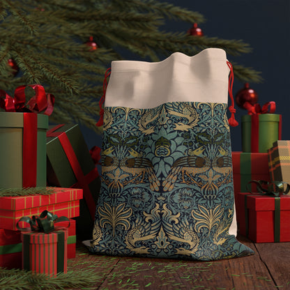 Linen Christmas Santa Sack inspired by William Morris & Co in a pattern called Peacock and Dragon Collection