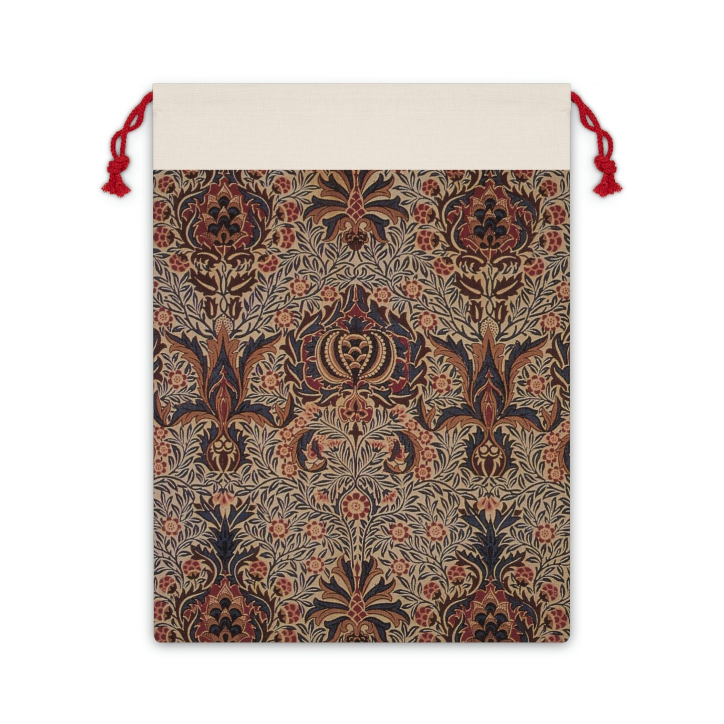 A rectangular Christmas linen gift bag with a William Morris & Co floral pattern and a red drawstring.