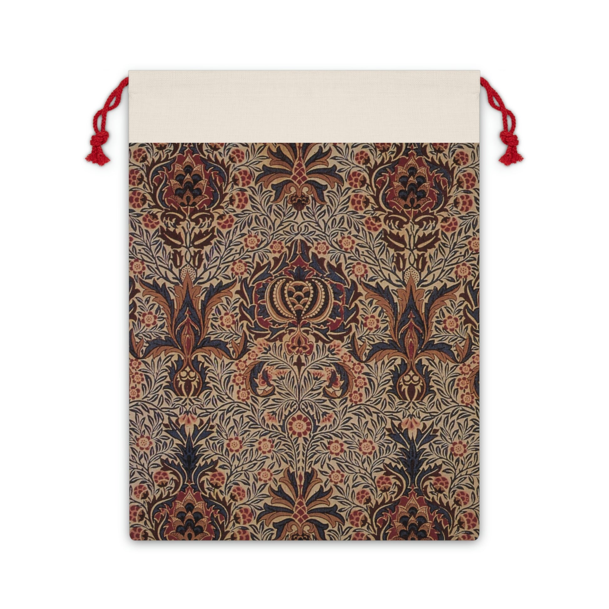 A rectangular Christmas linen gift bag with a William Morris & Co floral pattern and a red drawstring.