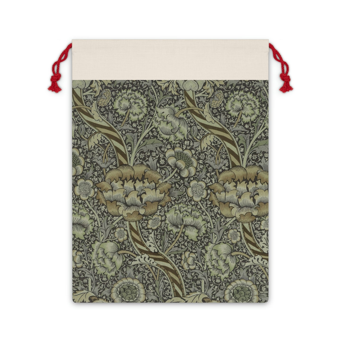 A rectangular Christmas-themed linen drawstring bag with a floral pattern, primarily in gray tones, and a red drawstring at the top.
