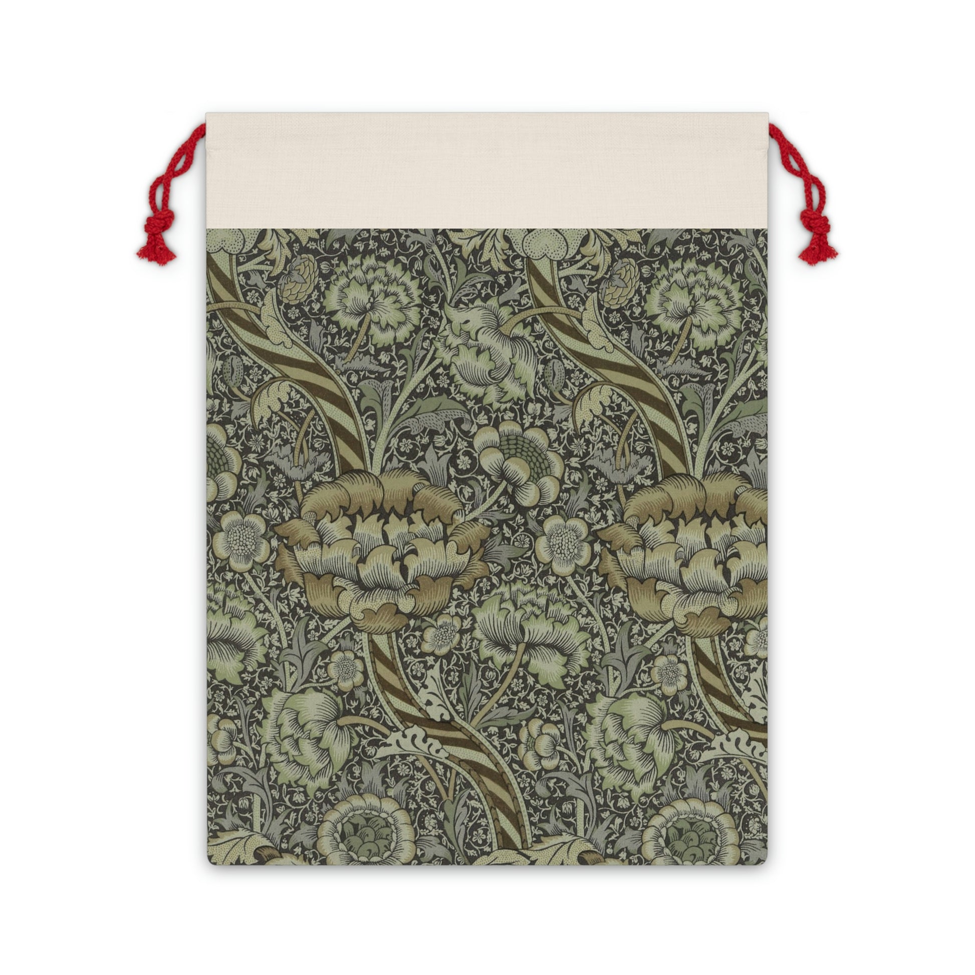 A rectangular Christmas-themed linen drawstring bag with a floral pattern, primarily in gray tones, and a red drawstring at the top.
