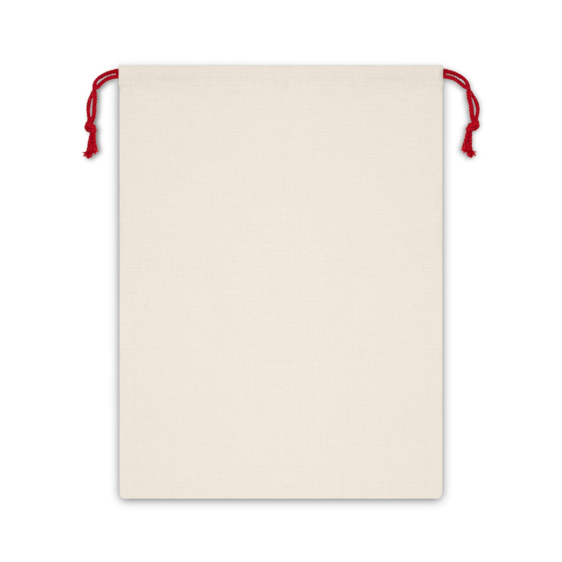 A rectangular Christmas-themed linen drawstring bag with a floral pattern, primarily in gray tones, and a red drawstring at the top.