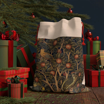 A rectangular Christmas-themed linen drawstring bag with a vintage design featuring a tree and birds, inspired by William Morris.