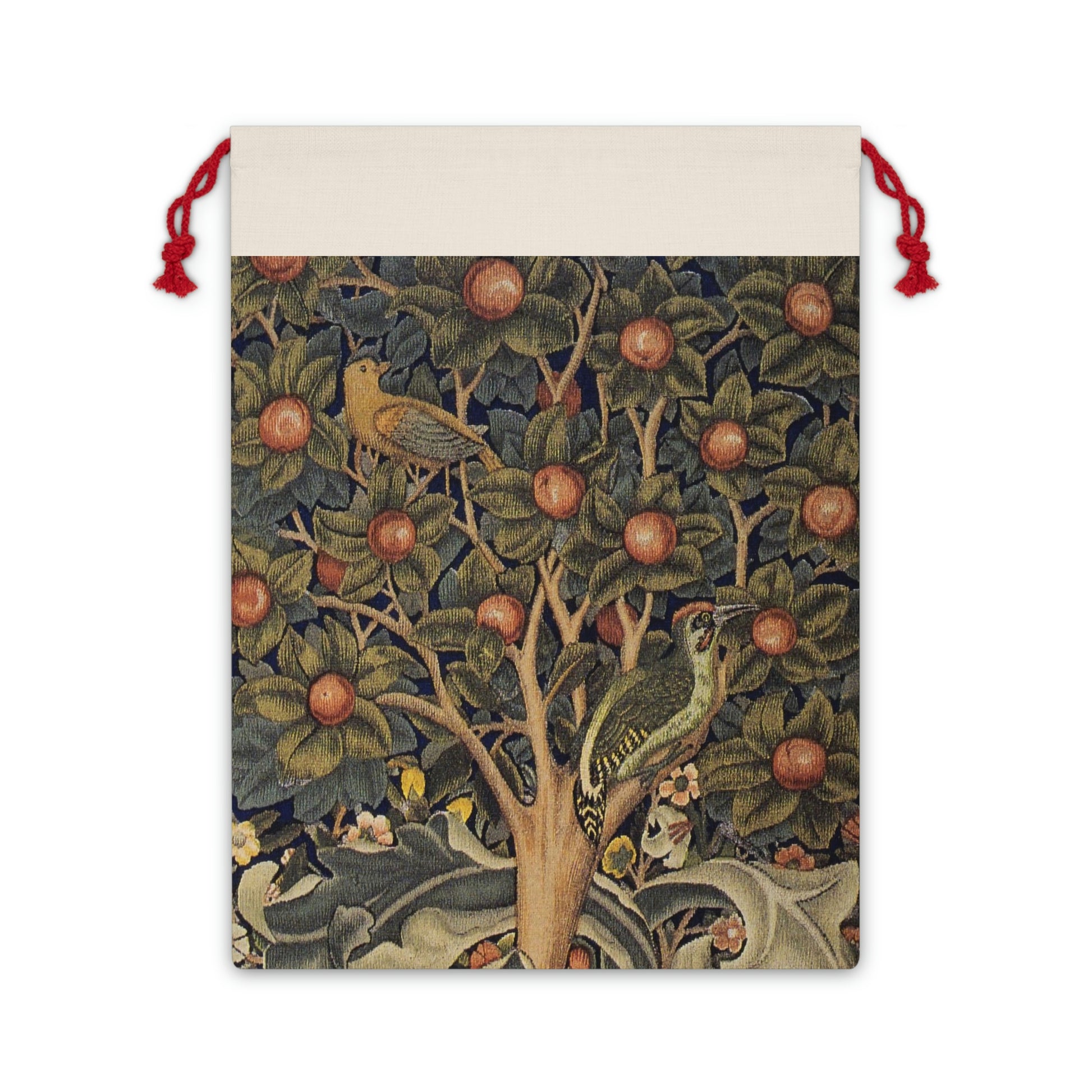 A rectangular Christmas-themed linen drawstring bag with a vintage design featuring a tree and birds, inspired by William Morris.