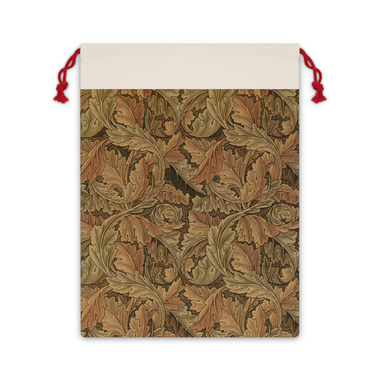 A beige linen drawstring gift bag with a Christmas-themed pattern inspired by William Morris - Acanthus Collection.