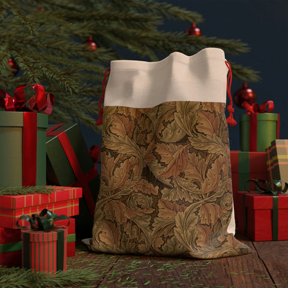 A beige linen drawstring gift bag with a Christmas-themed pattern inspired by William Morris - Acanthus Collection.