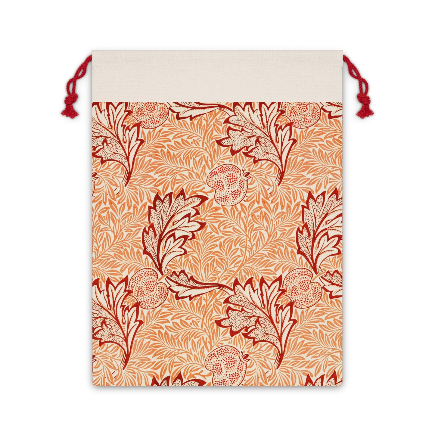 A rectangular Christmas-themed linen drawstring bag with a floral pattern, primarily in red and orange colours, and a red drawstring at the top.
