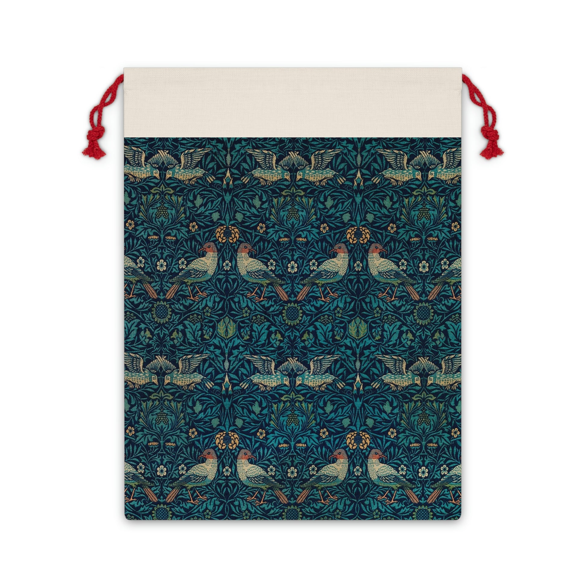 A rectangular linen drawstring bag with a bluebird pattern inspired by William Morris, featuring a bird and floral design.