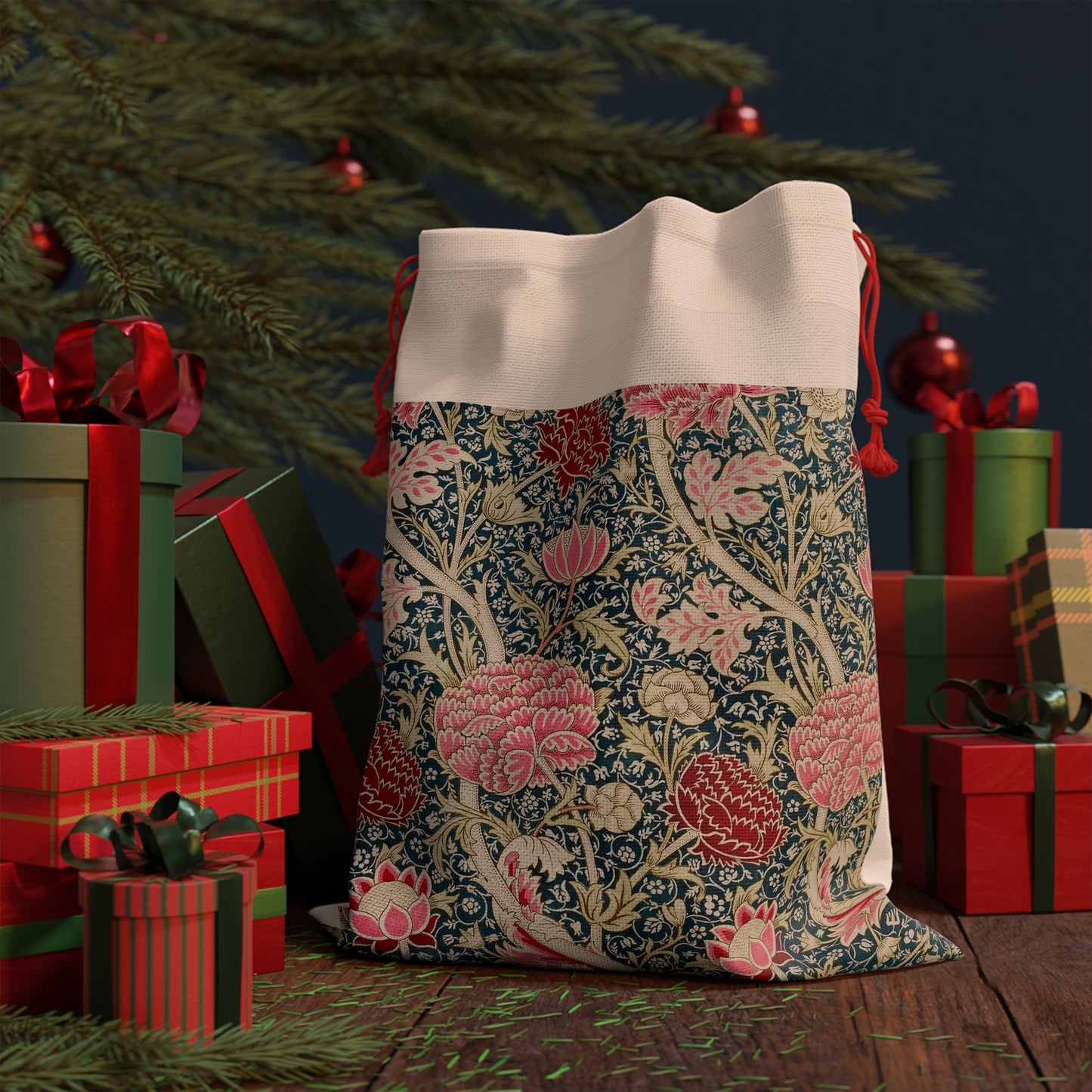 Linen Christmas Santa Sack inspired by William Morris & Co in a pattern called Cray Collection
