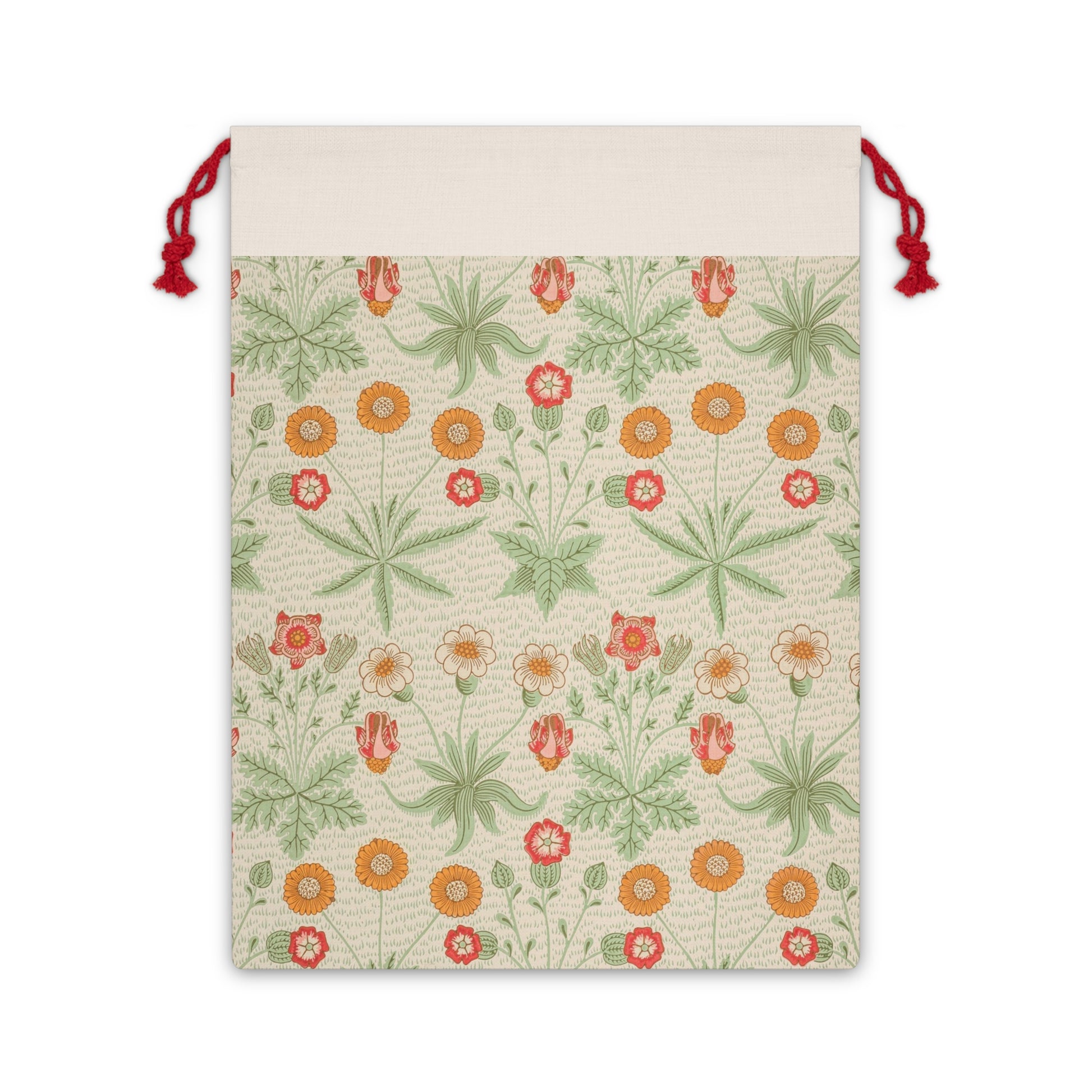 A William Morris inspired Christmas linen drawstring bag with a floral pattern in beige, green, and red hues.