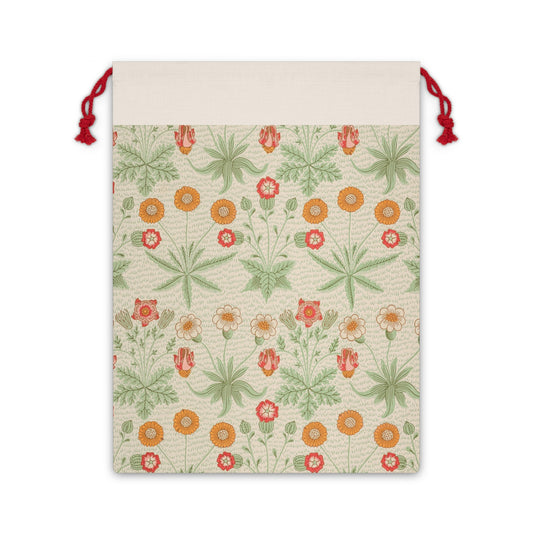 A William Morris inspired Christmas linen drawstring bag with a floral pattern in beige, green, and red hues.