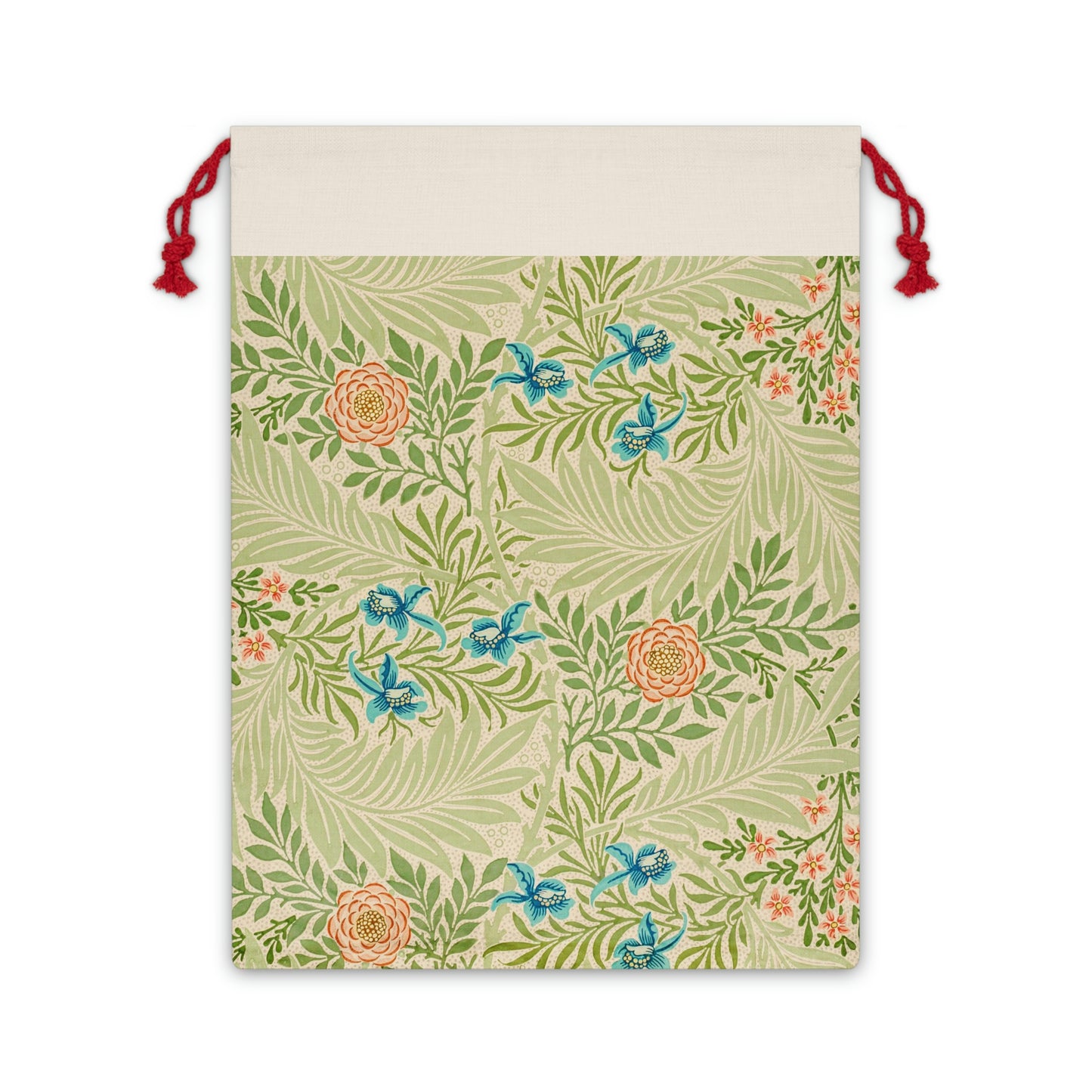A beige linen drawstring bag with a floral pattern inspired by William Morris - Larkspur Collection.