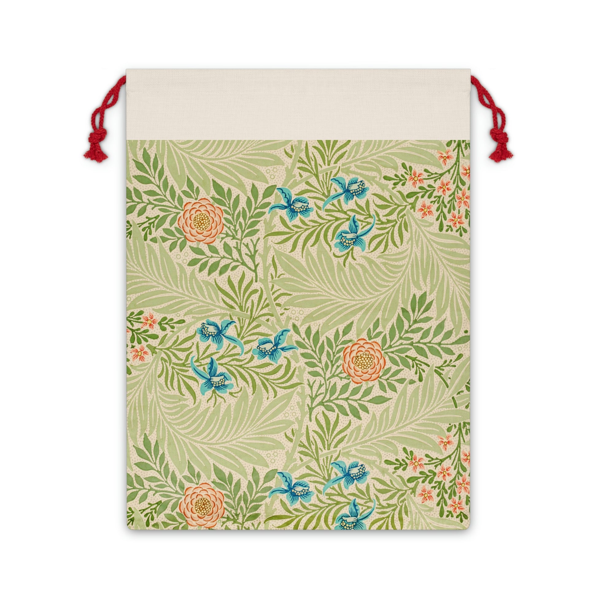 A beige linen drawstring bag with a floral pattern inspired by William Morris - Larkspur Collection.