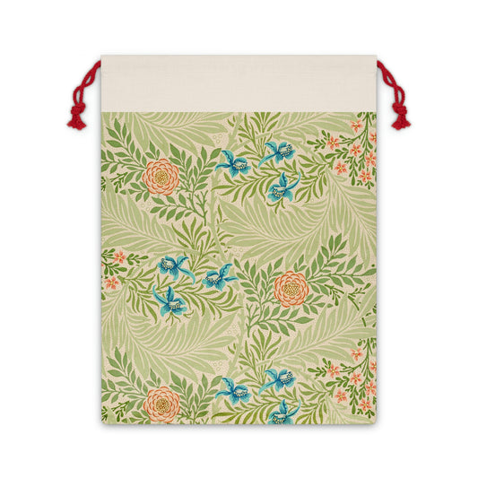 A beige linen drawstring bag with a floral pattern inspired by William Morris - Larkspur Collection.