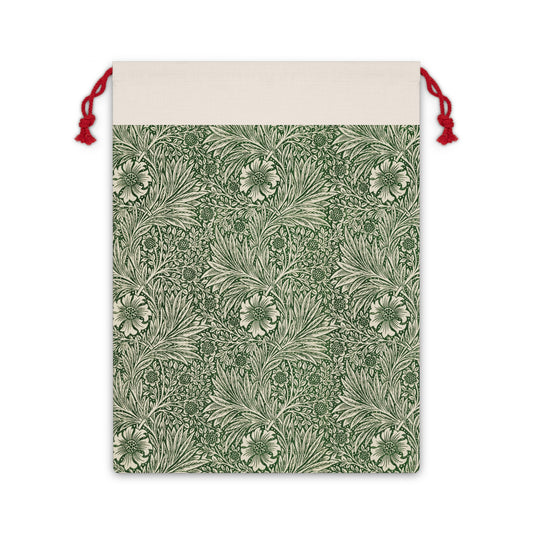 A rectangular Christmas-themed linen drawstring bag with a floral pattern in green, beige, and red colours, featuring a red drawstring at the top.
