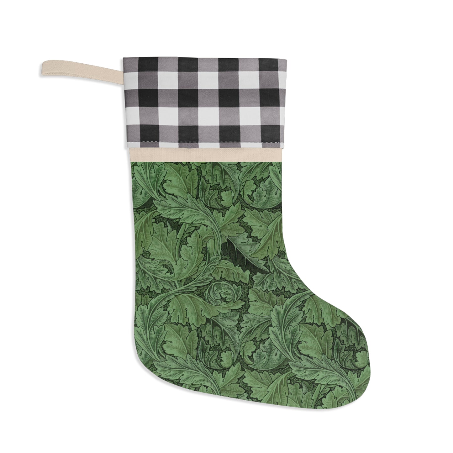 A green Christmas stocking with a black and white checkered top cuff and a wooden hanging loop in a William Morris & Co pattern.