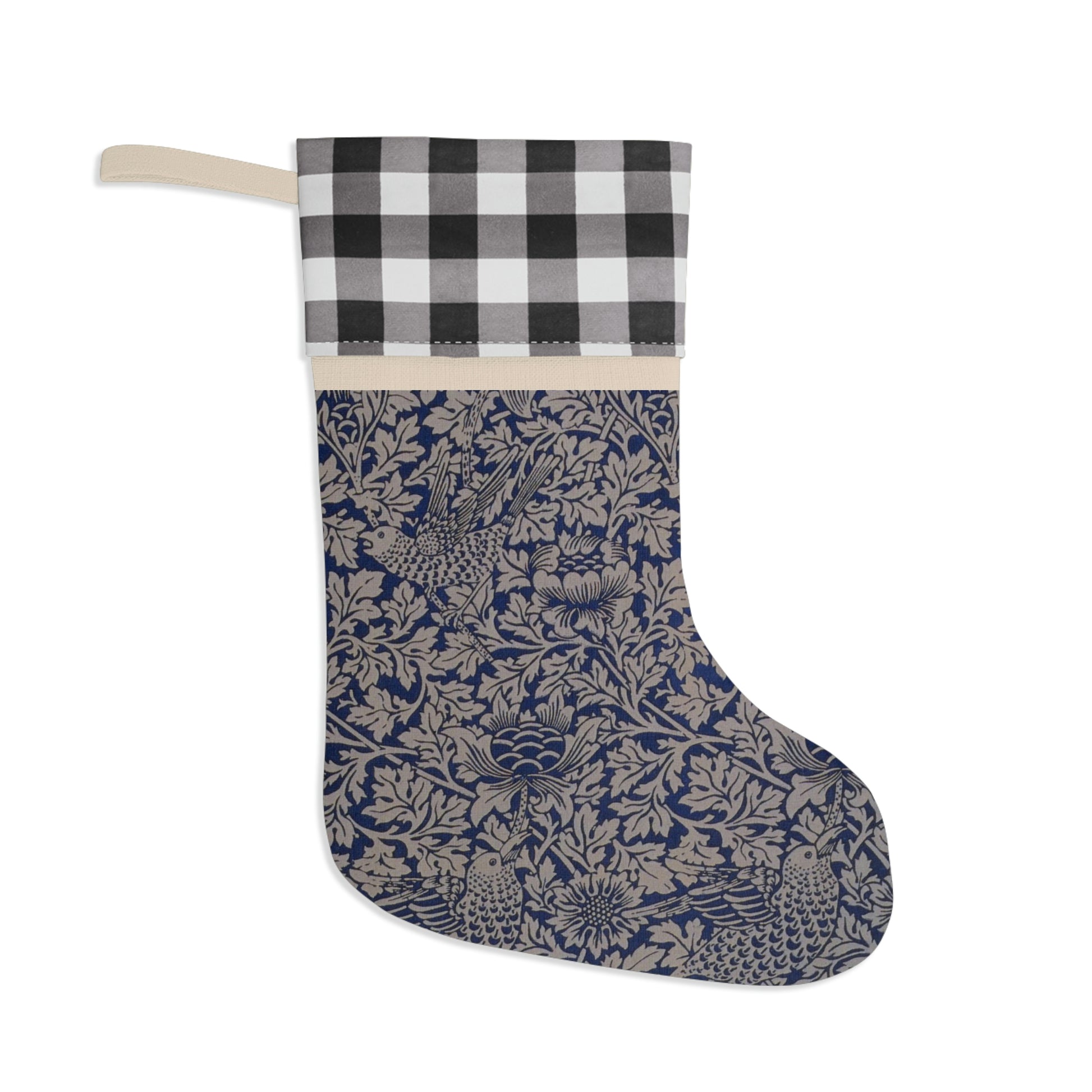 A one-sided print Christmas stocking with a geometric William Morris & Co floral pattern in blue, beige, and red colours, featuring a polyester plaid design top cuff and a wooden hanging loop.