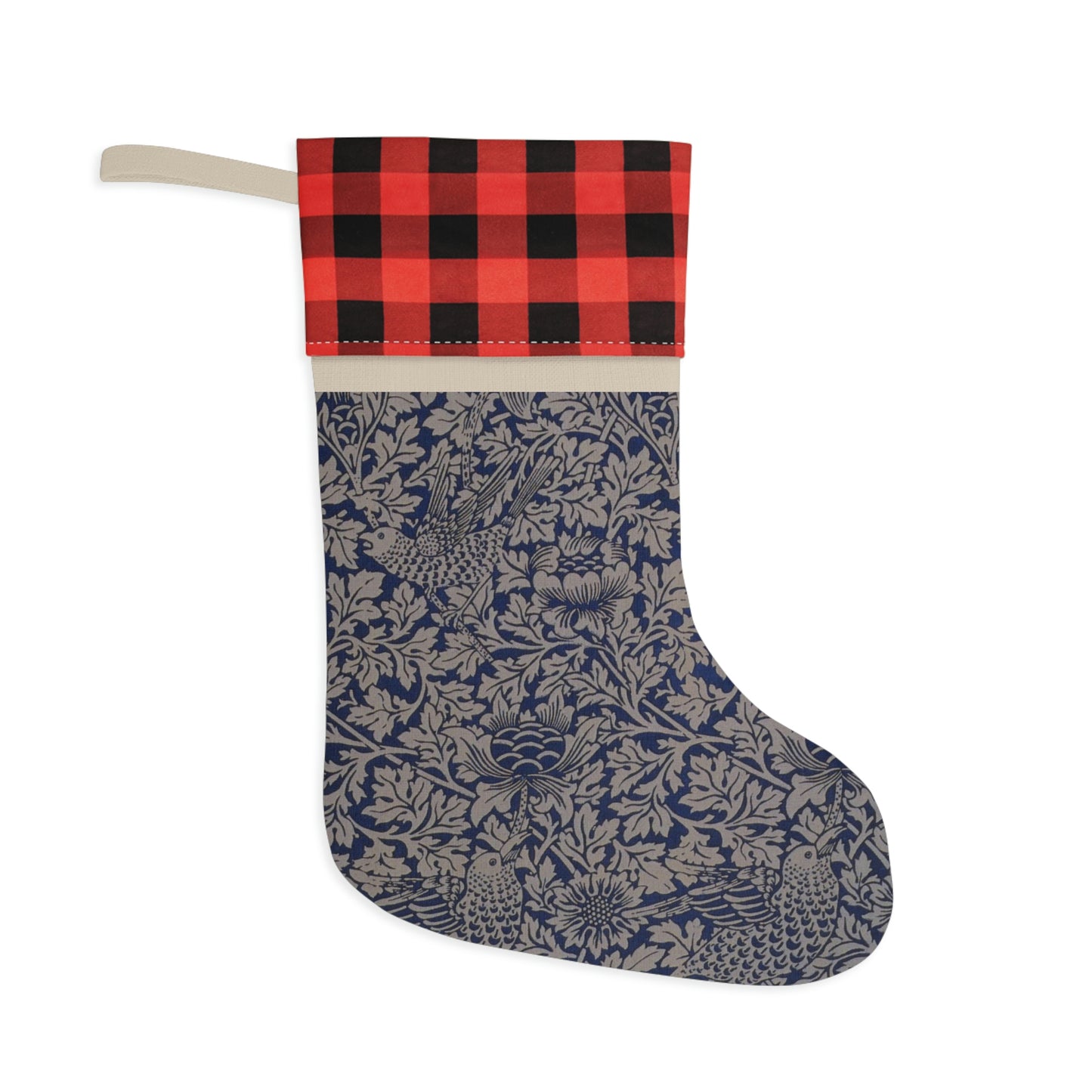 A one-sided print Christmas stocking with a geometric William Morris & Co floral pattern in blue, beige, and red colours, featuring a polyester plaid design top cuff and a wooden hanging loop.