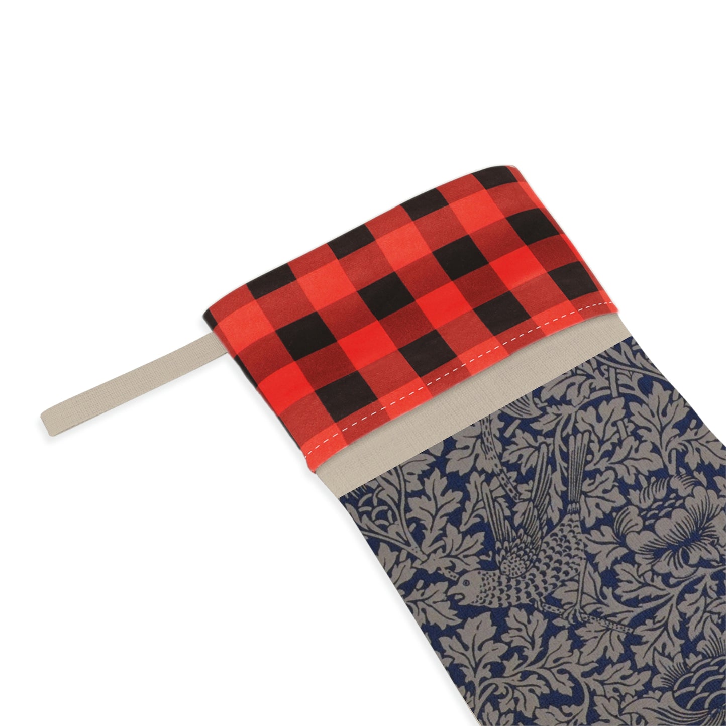 A one-sided print Christmas stocking with a geometric William Morris & Co floral pattern in blue, beige, and red colours, featuring a polyester plaid design top cuff and a wooden hanging loop.