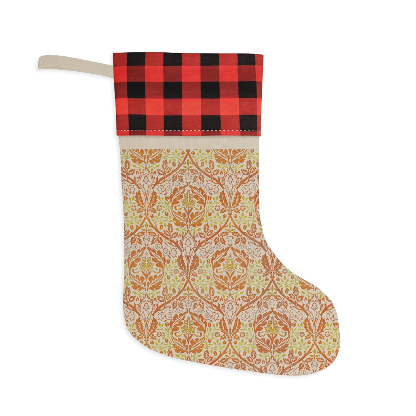 A one-sided print Christmas stocking with a red and black plaid design and a William Morris & Co floral pattern in orange and green tones. It has a beige background and a polyester cuff.