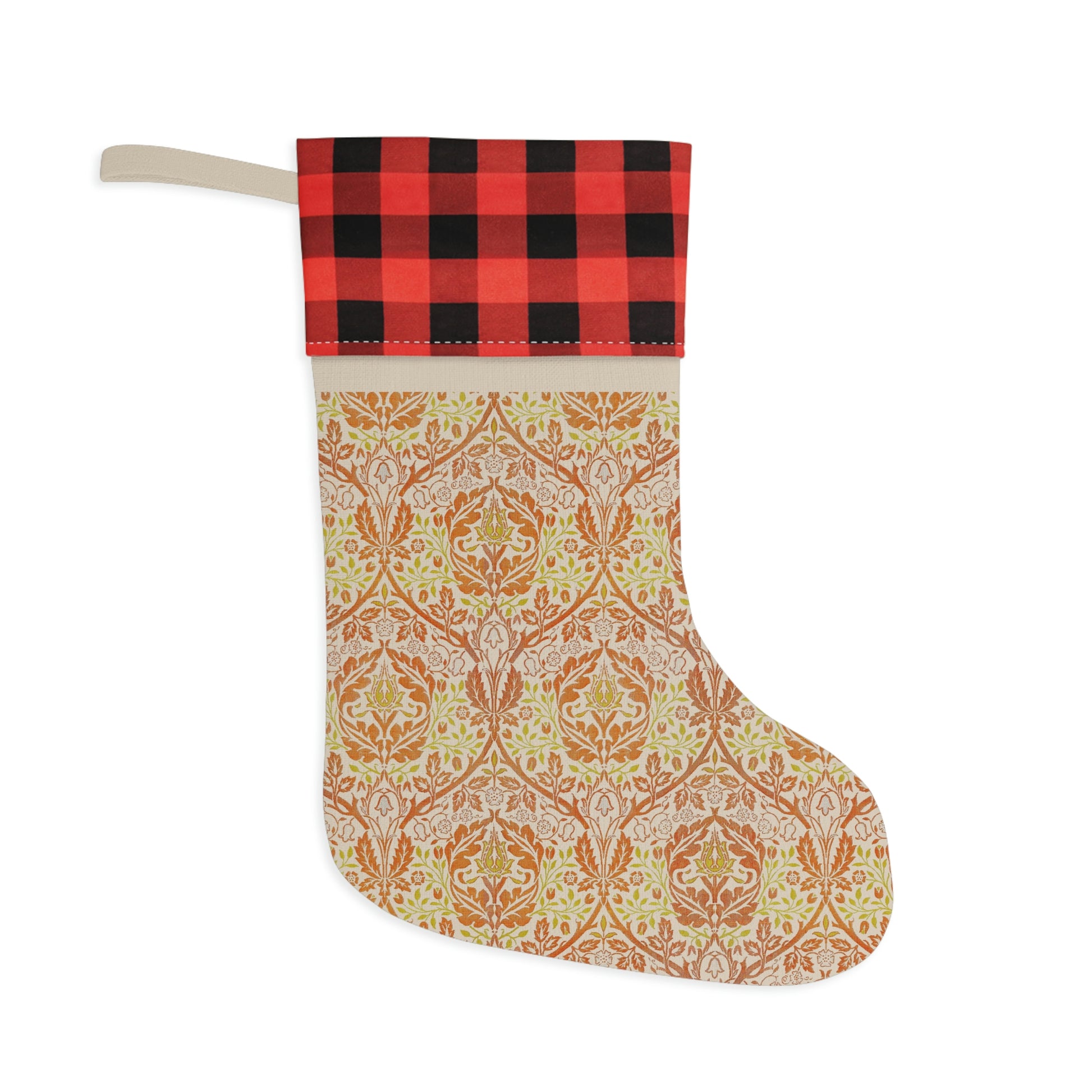 A one-sided print Christmas stocking with a red and black plaid design and a William Morris & Co floral pattern in orange and green tones. It has a beige background and a polyester cuff.
