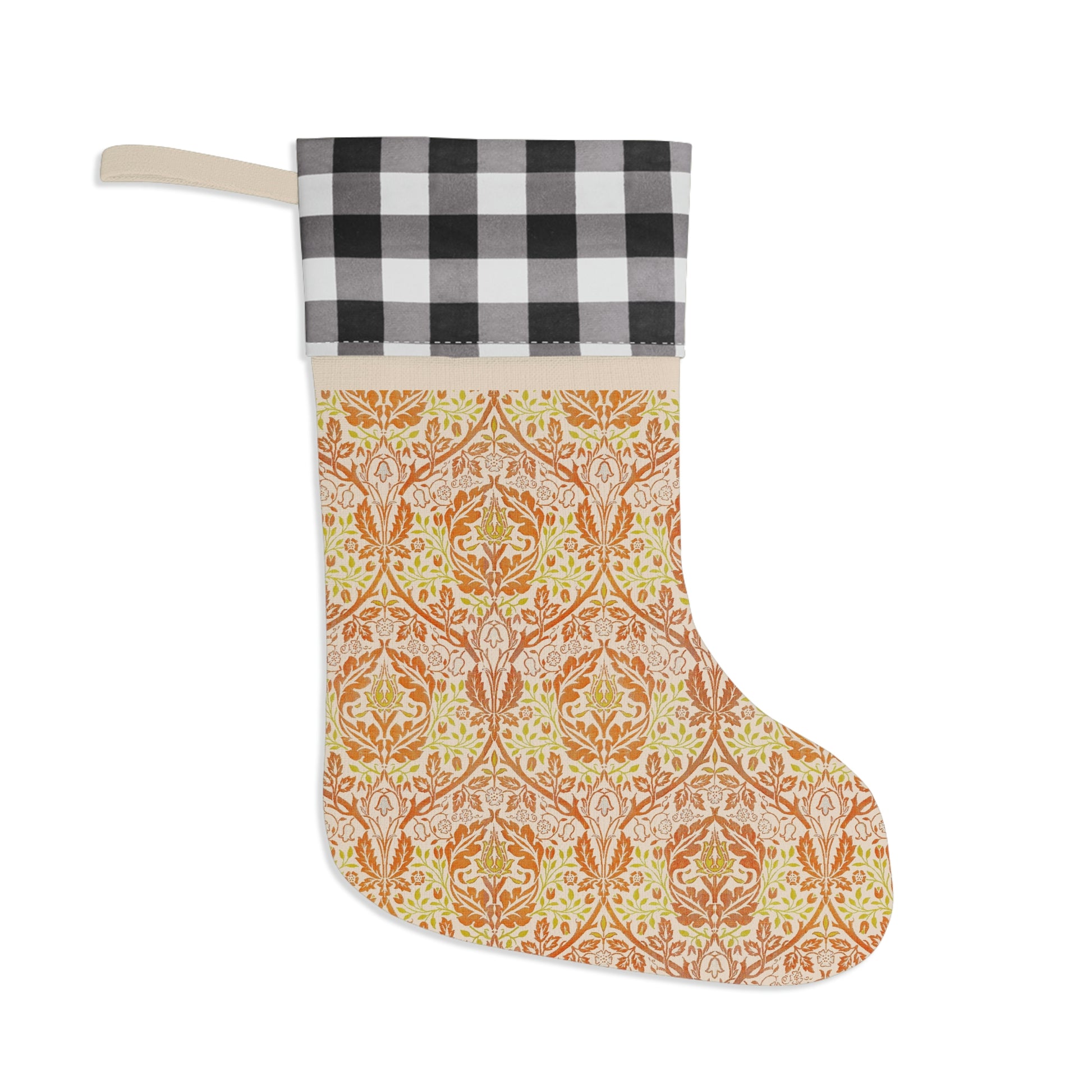 A one-sided print Christmas stocking with a red and black plaid design and a William Morris & Co floral pattern in orange and green tones. It has a beige background and a polyester cuff.