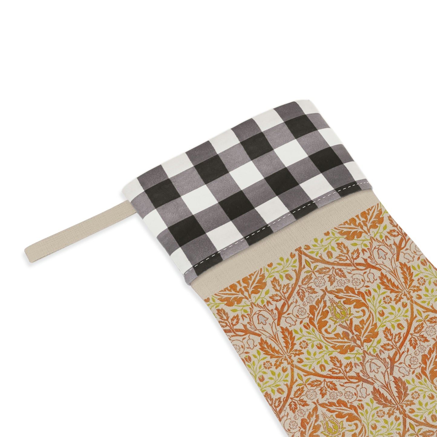 A one-sided print Christmas stocking with a red and black plaid design and a William Morris & Co floral pattern in orange and green tones. It has a beige background and a polyester cuff.
