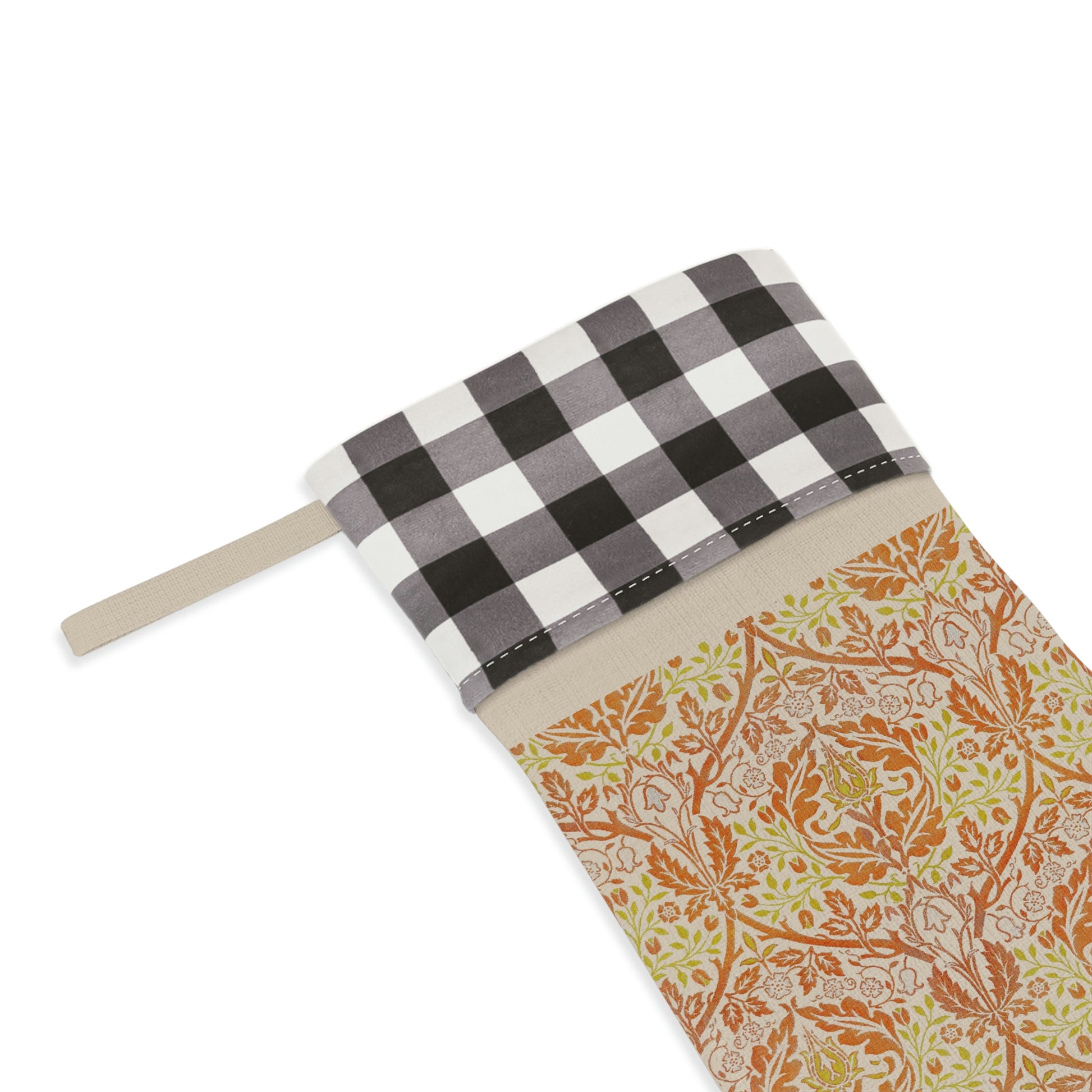 A one-sided print Christmas stocking with a red and black plaid design and a William Morris & Co floral pattern in orange and green tones. It has a beige background and a polyester cuff.