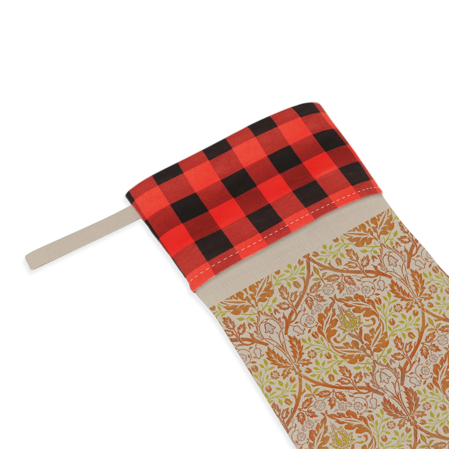 A one-sided print Christmas stocking with a red and black plaid design and a William Morris & Co floral pattern in orange and green tones. It has a beige background and a polyester cuff.