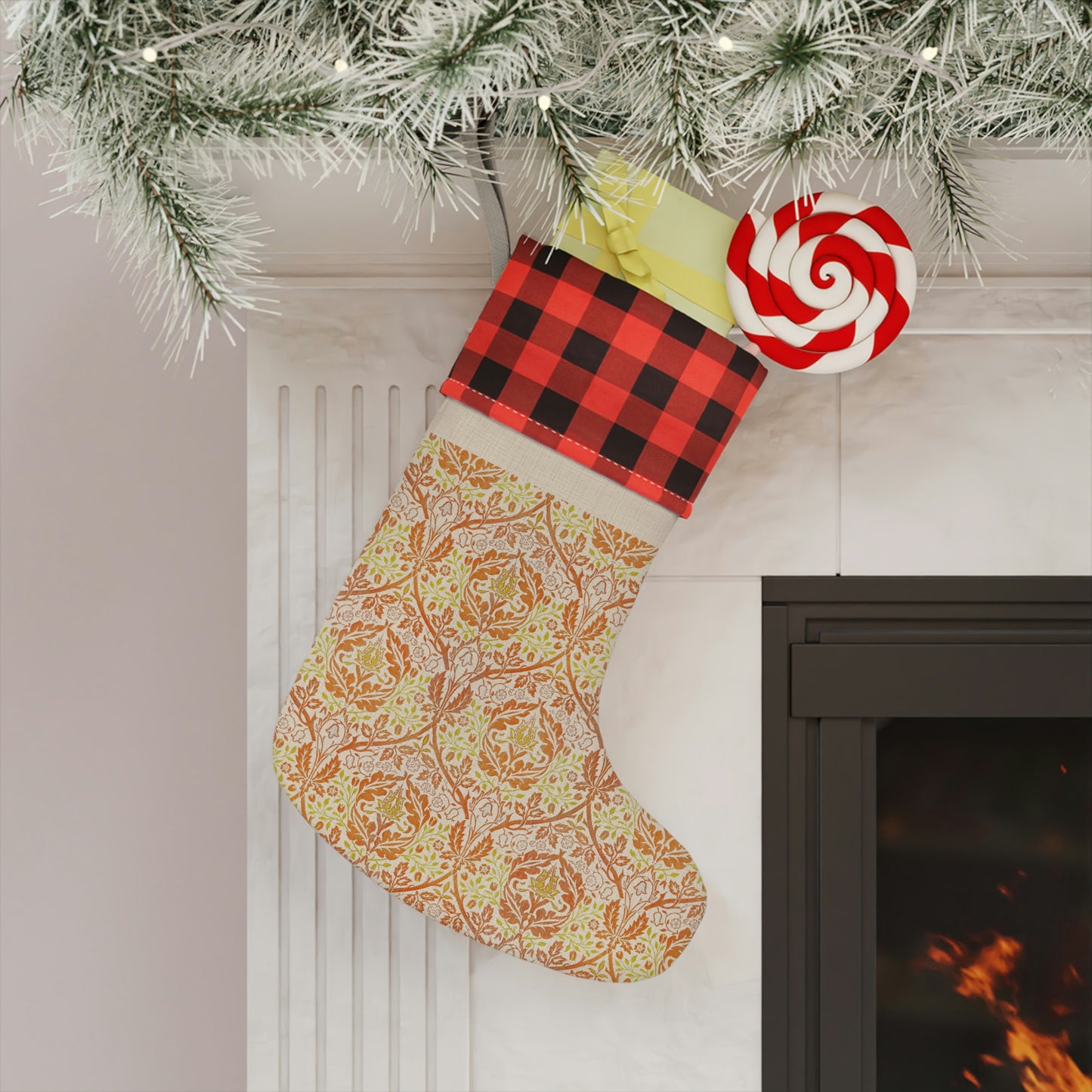 A one-sided print Christmas stocking with a red and black plaid design and a William Morris & Co floral pattern in orange and green tones. It has a beige background and a polyester cuff.